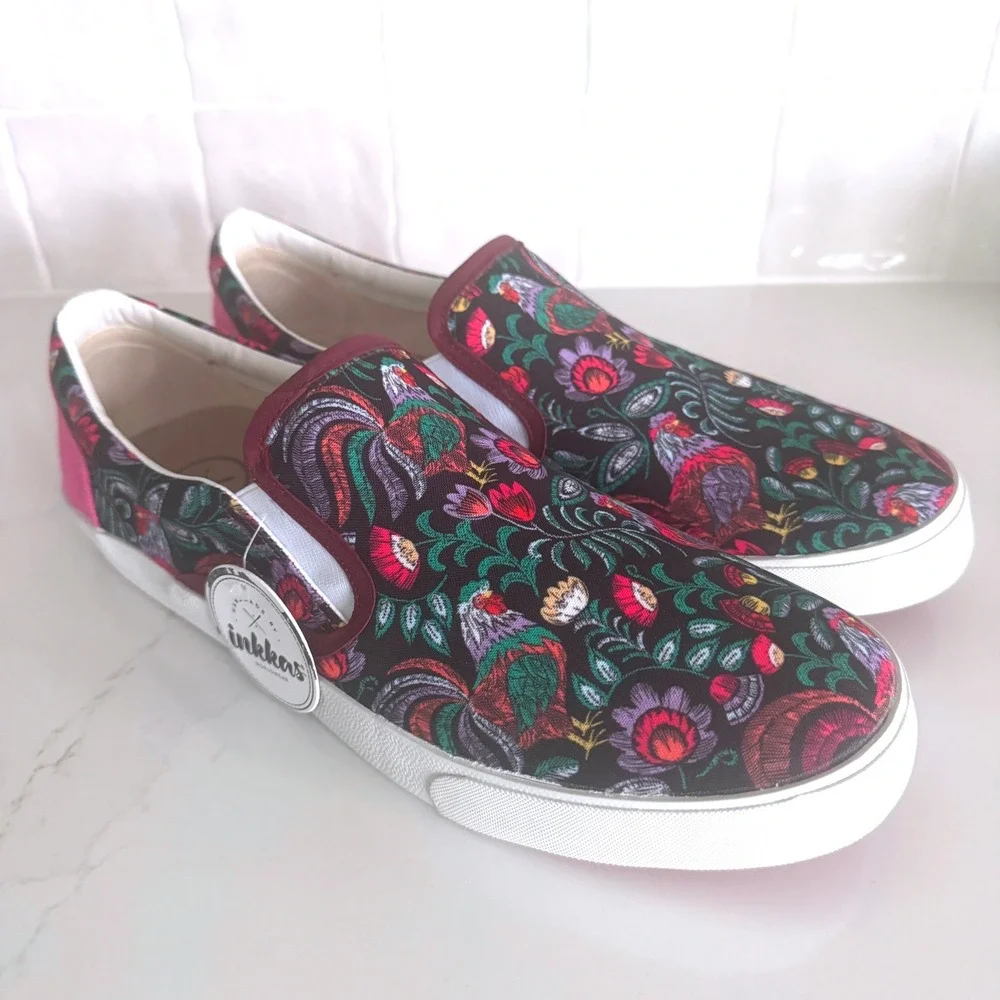 Inkkas Rooster Slip On Shoes Mens 12 Multicolor Embroidered Floral Loafers NEW